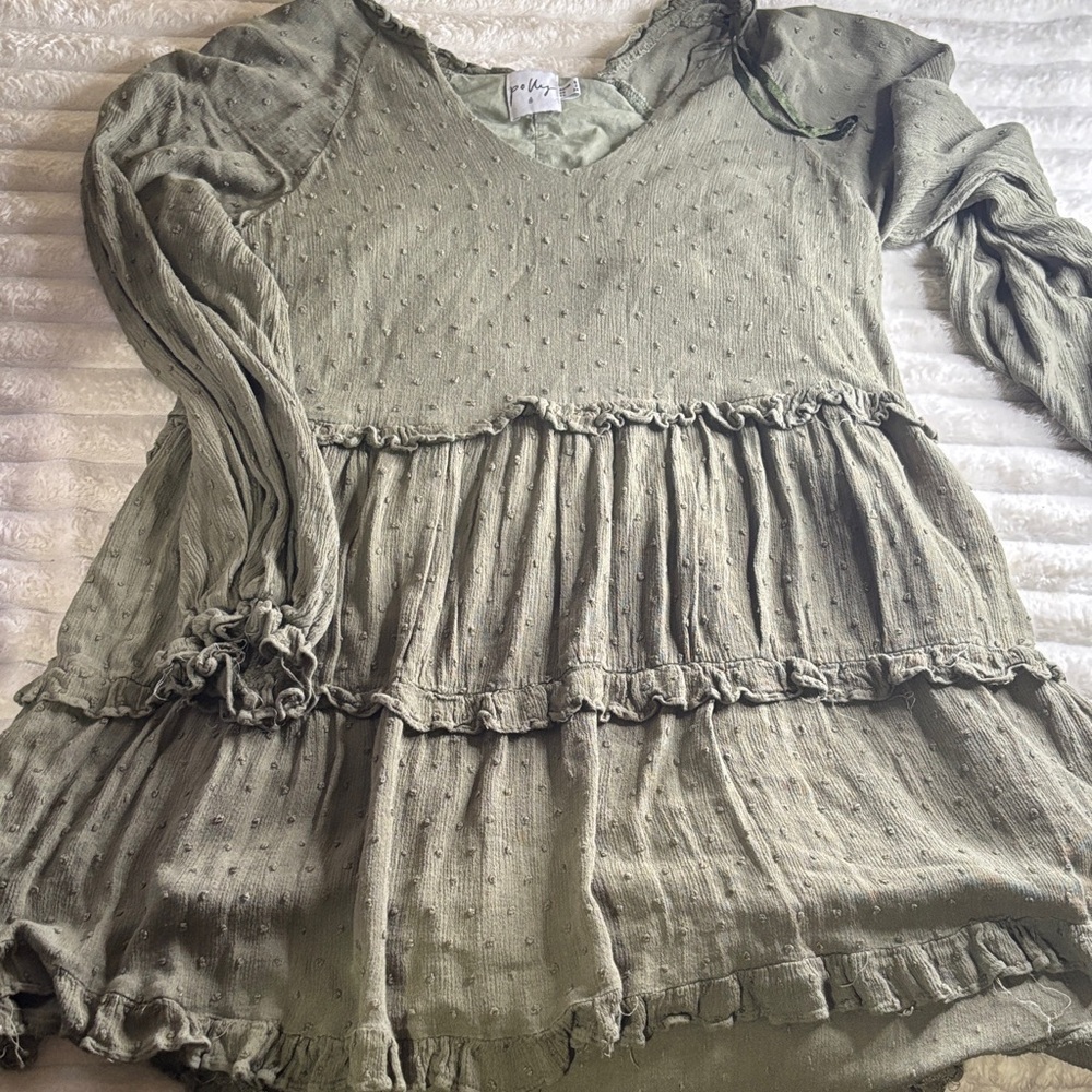 Olive Green Women's Ruffled Blouse - Picture 1 of 3